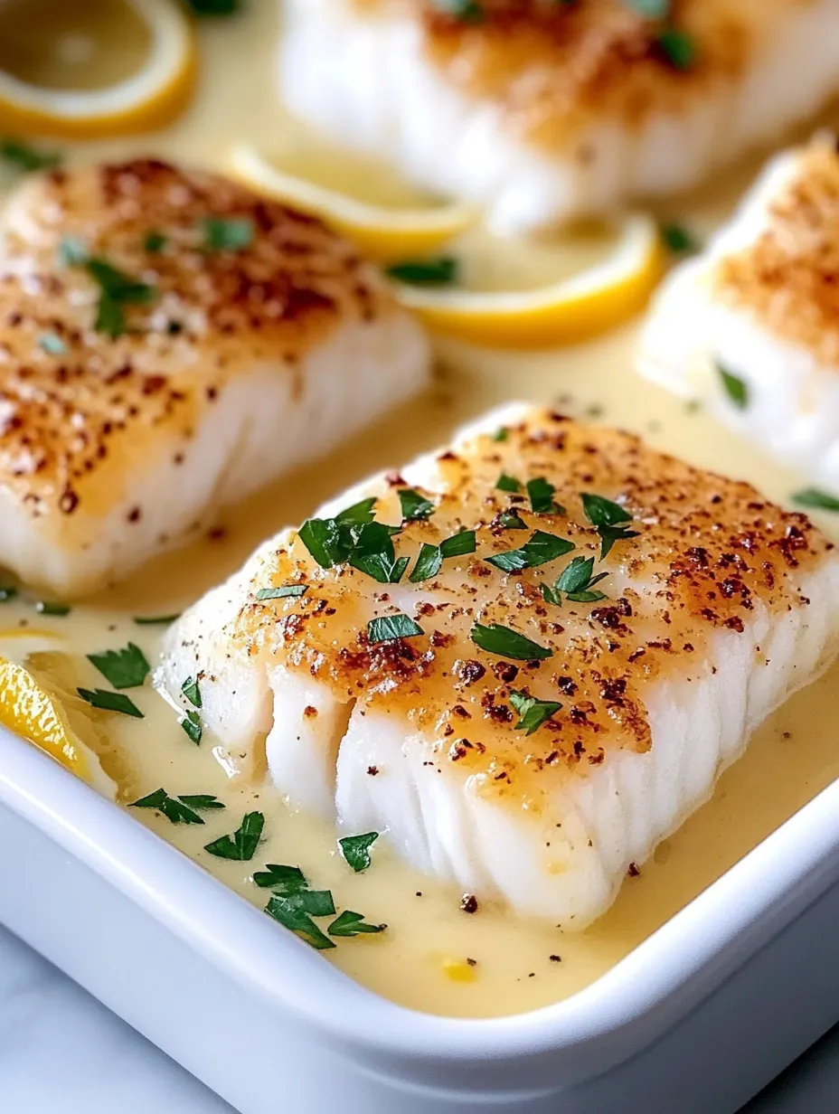 A plate of fish with lemon and herbs.