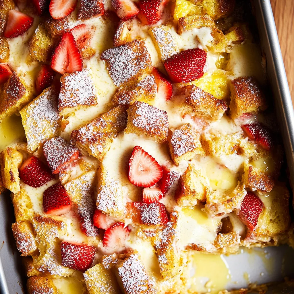 A pan of food with strawberries and powdered sugar.