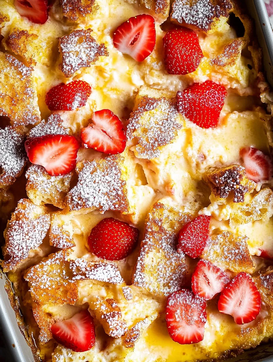 A close up of a dessert with strawberries and powdered sugar.