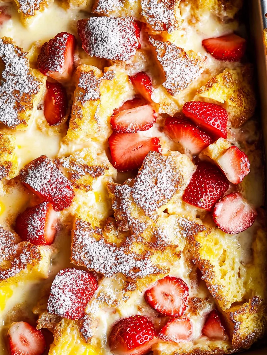 A close up of a strawberry shortcake with powdered sugar.