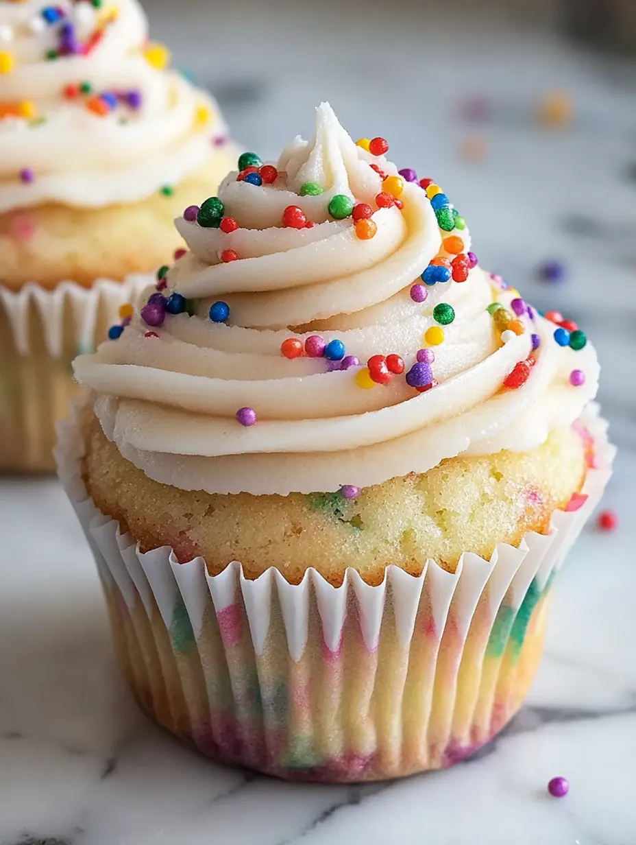 A cupcake with white frosting and sprinkles.