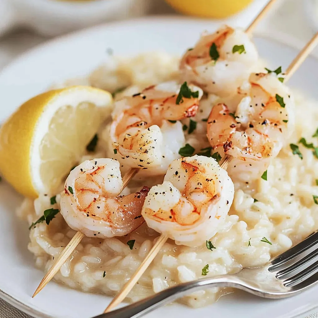A plate of shrimp and rice with a fork and a lemon.