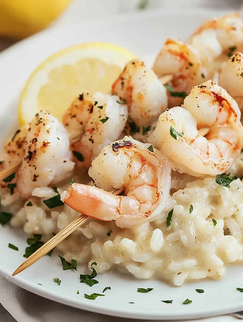A plate of shrimp and rice with a lemon wedge.