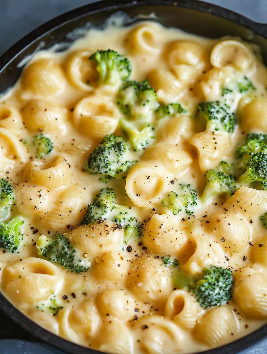 A bowl of macaroni and cheese with broccoli.
