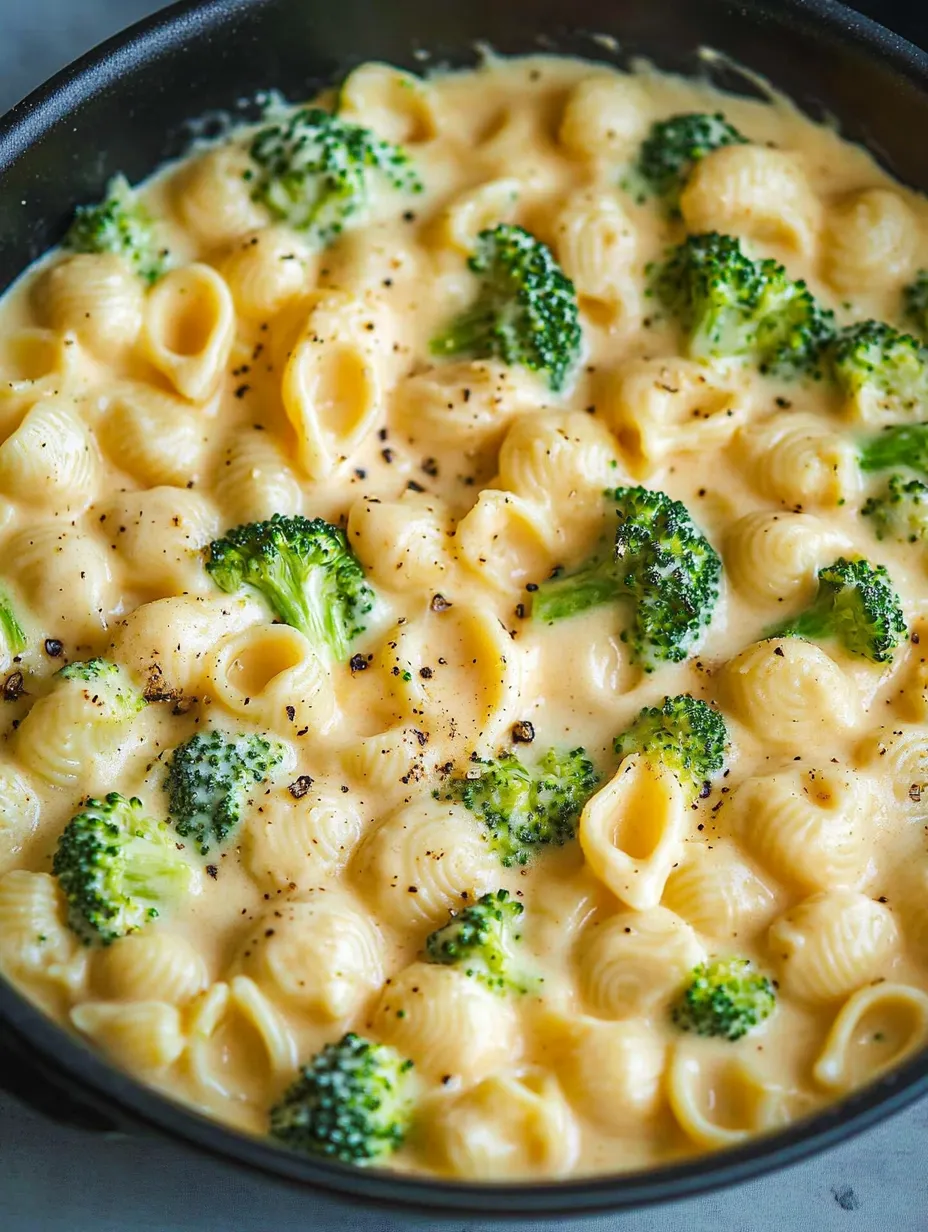 A bowl of macaroni and cheese with broccoli.