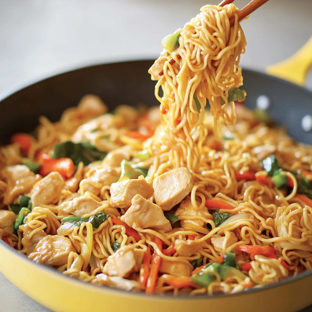 A yellow bowl of noodles with chicken and vegetables.