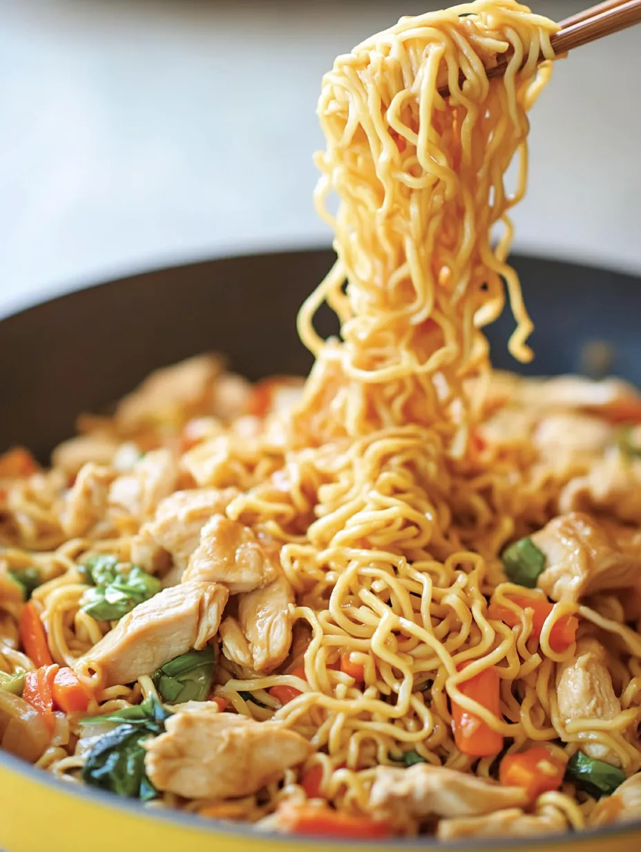 A bowl of noodles with chicken and vegetables.