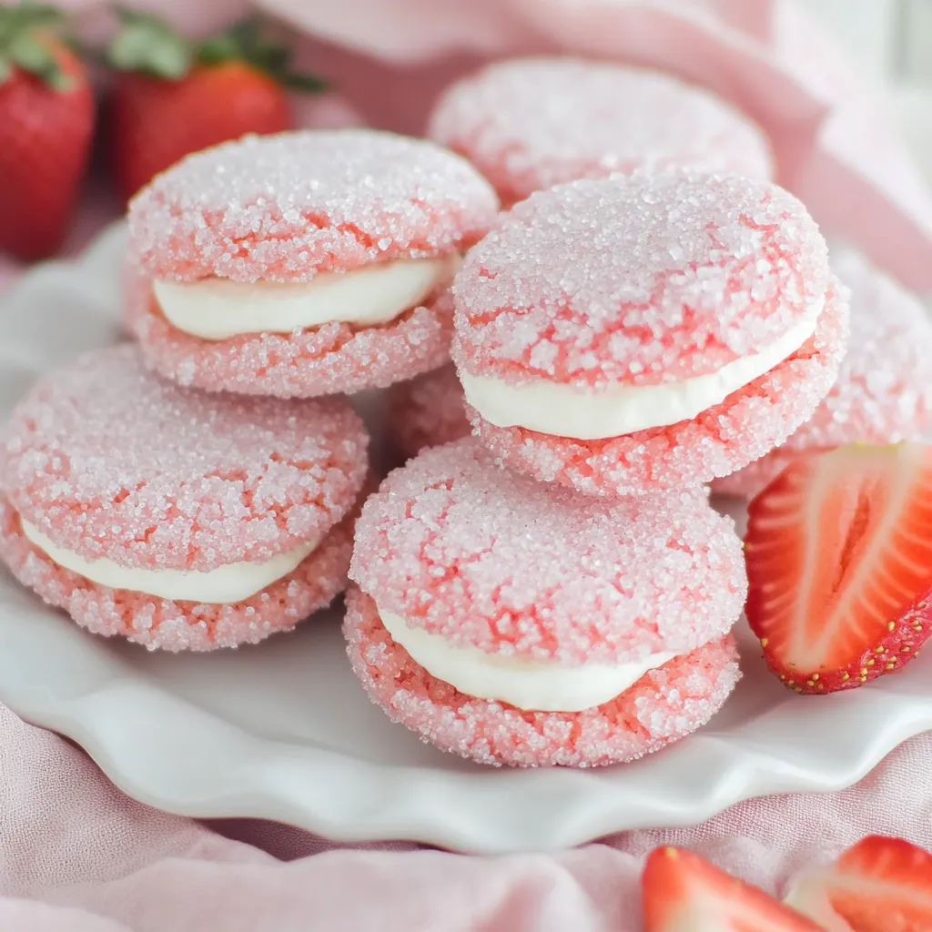 A plate of pink and white cookies with strawberries.