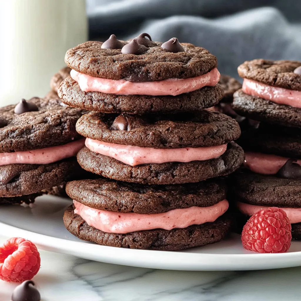 A stack of chocolate chip cookies with pink frosting.