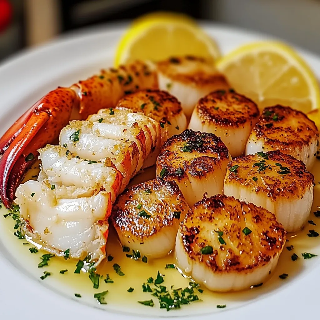 A plate of seafood with lemon wedges on top.