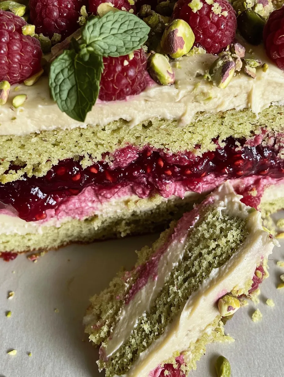 A slice of cake with raspberries and mint.