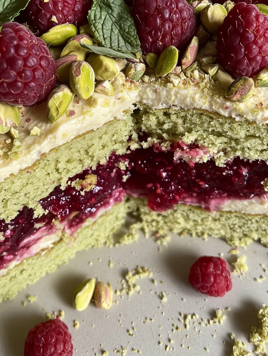 A slice of cake with raspberries and almonds.