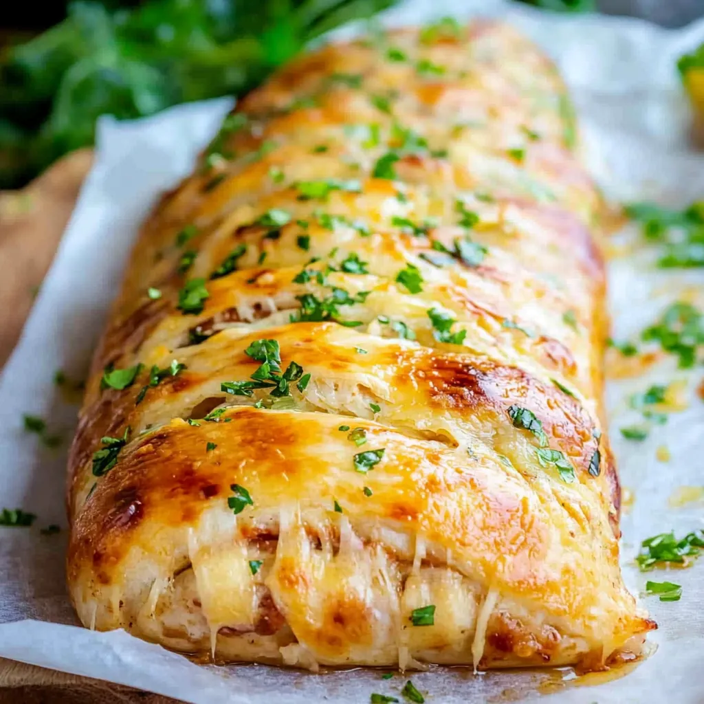 A cheese and herb stuffed pizza on a white plate.