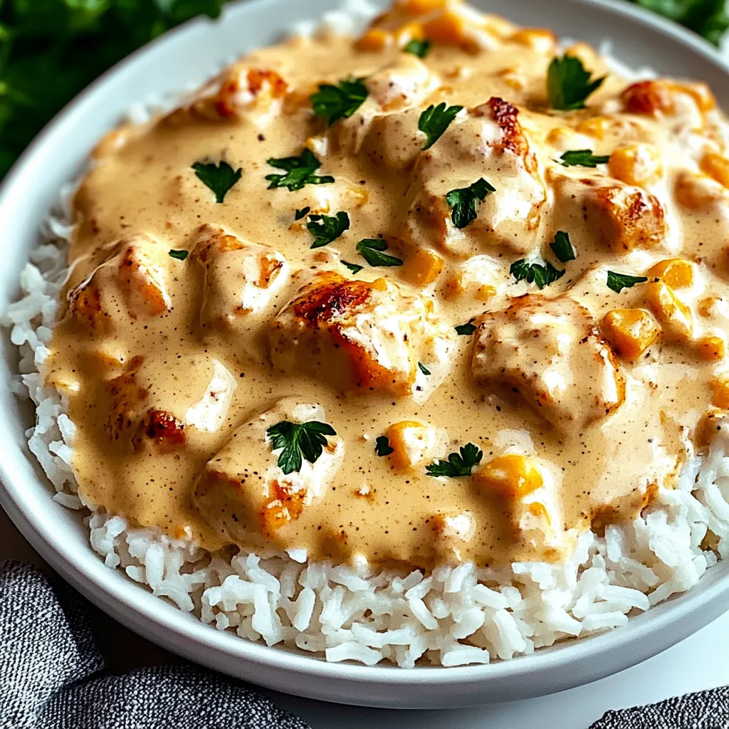 A bowl of rice with chicken and sauce.