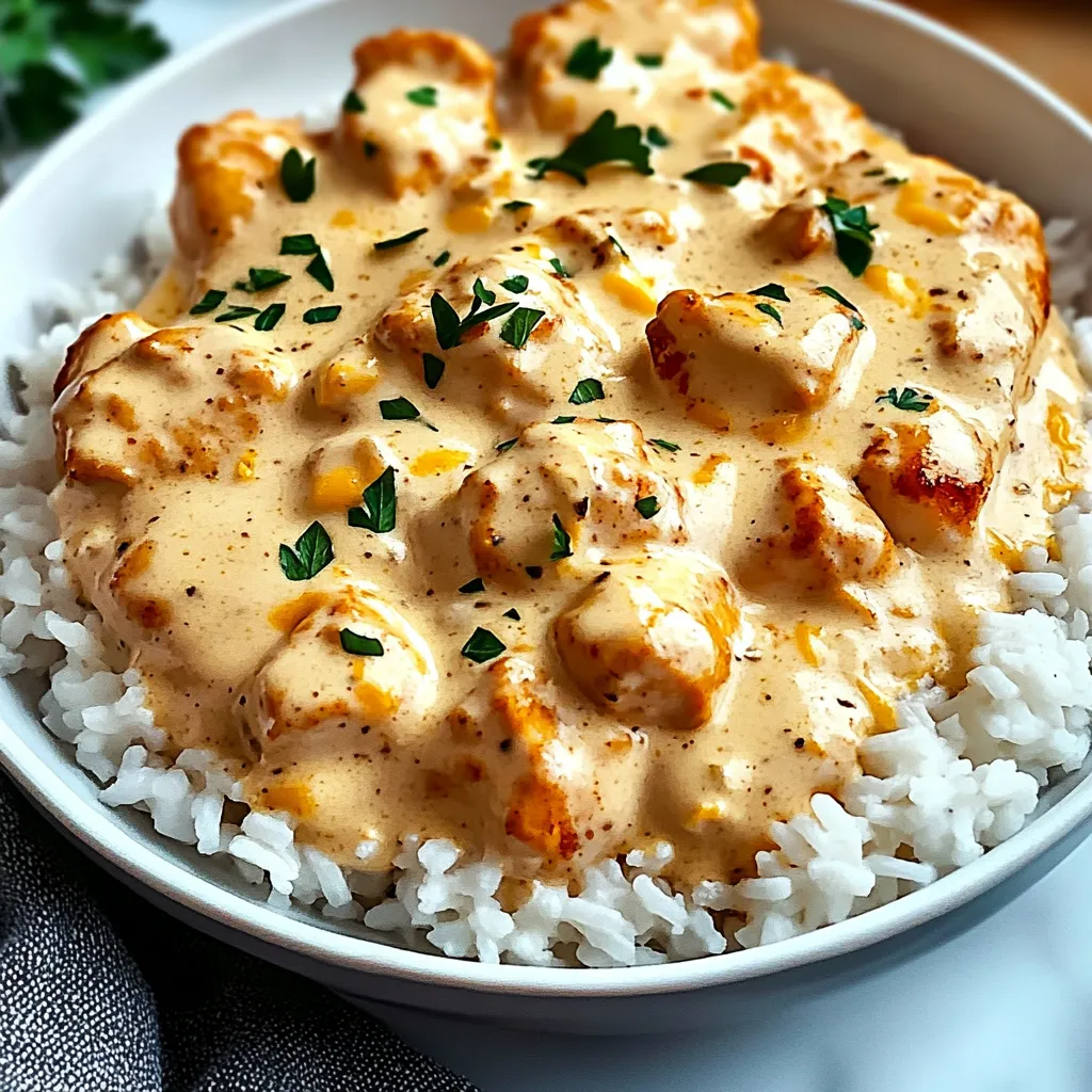 A bowl of rice with chicken and sauce.