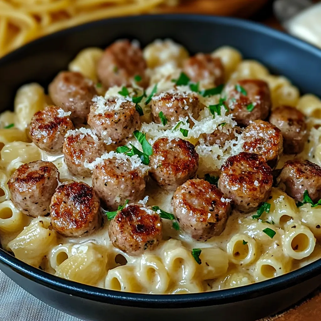 A bowl of pasta with meatballs and cheese.