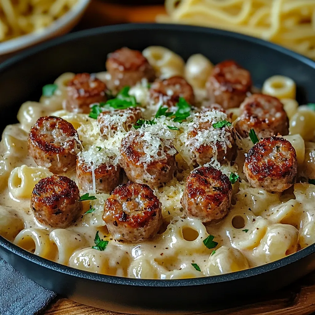 A plate of food with sausage and noodles.