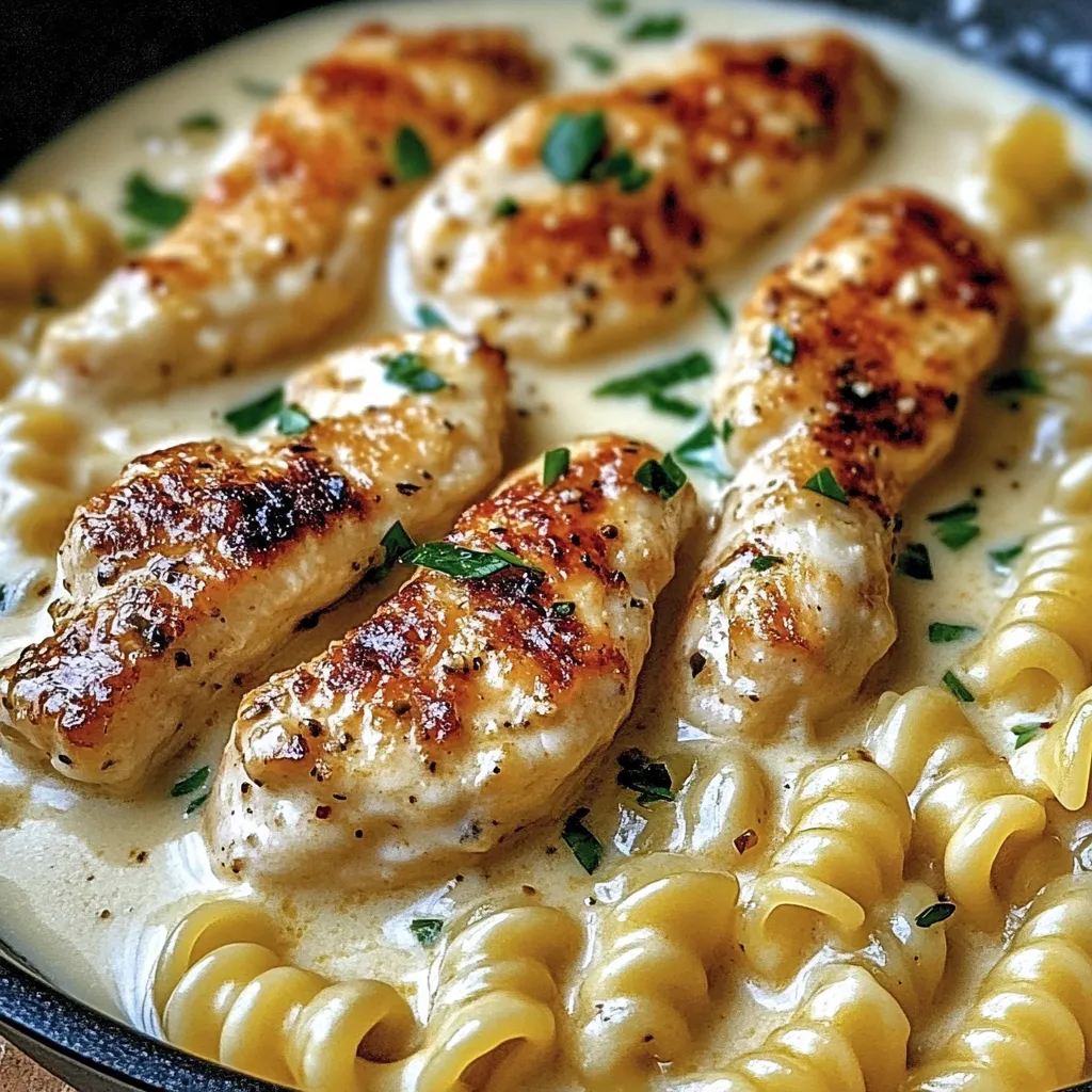 A bowl of pasta with chicken and herbs.