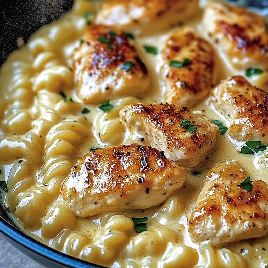 A bowl of chicken and pasta.