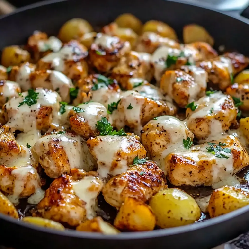 A pan of chicken and potatoes.