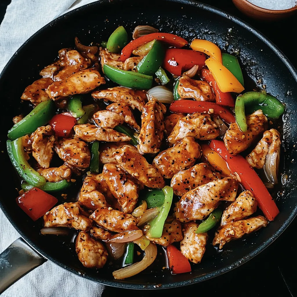 A pan of chicken stir fry with peppers and onions.