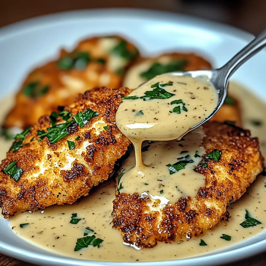 A plate of chicken with gravy.