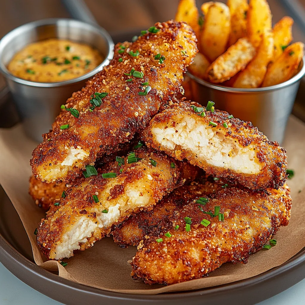 A plate of fried chicken with a dipping sauce.