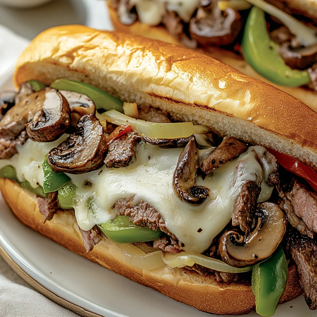 A sandwich with meat, mushrooms, and peppers.