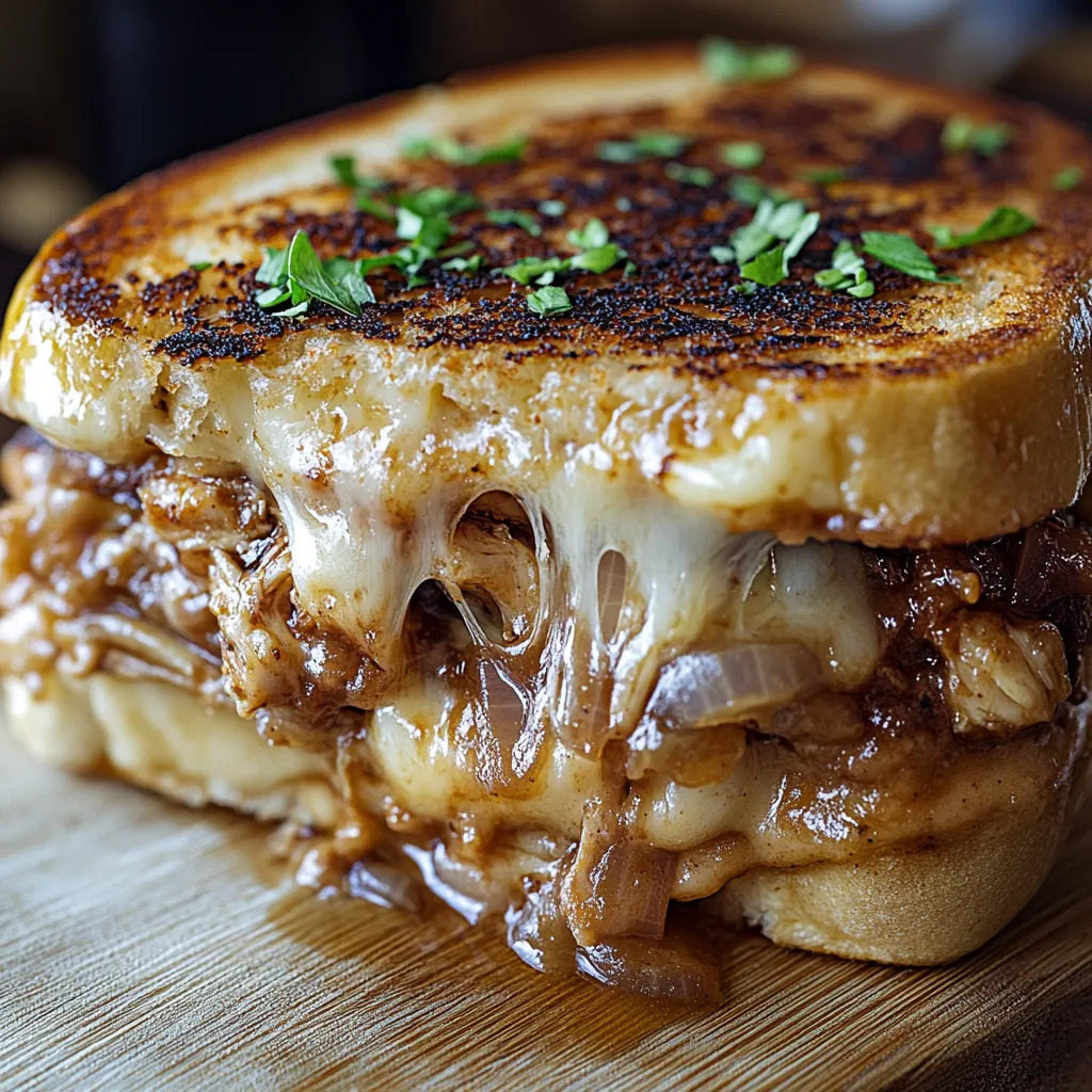 A sandwich with meat and cheese on a wooden table.