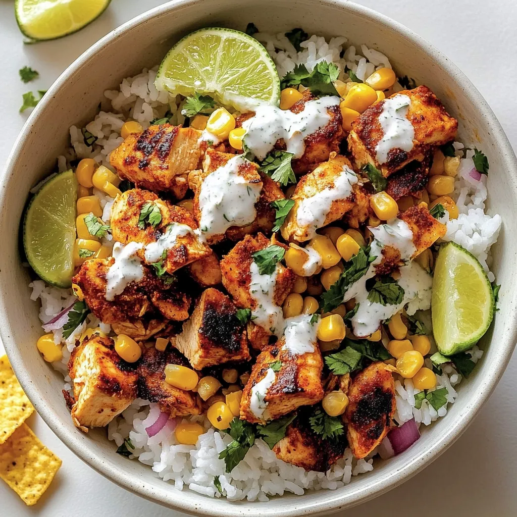 A bowl of rice and meat with limes and cilantro.
