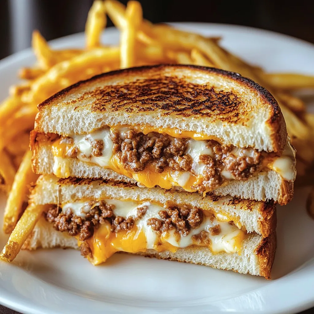 A sandwich with meat and cheese on a white plate.