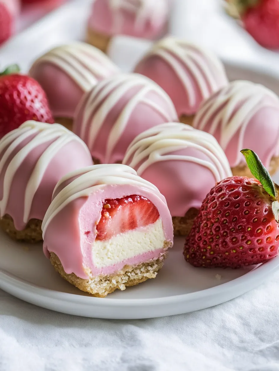 A plate of pink and white desserts with strawberries.