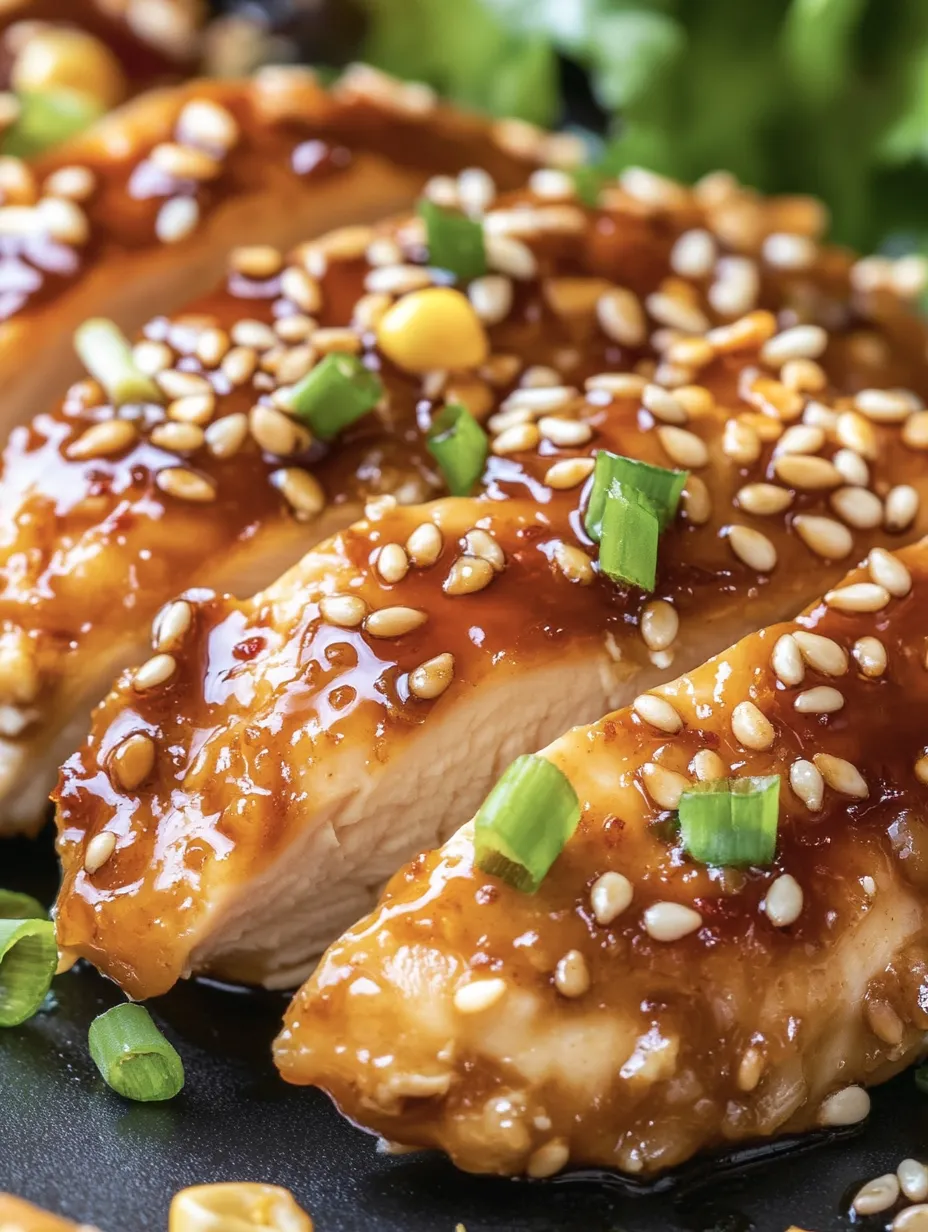 A piece of chicken with sauce and green onions.