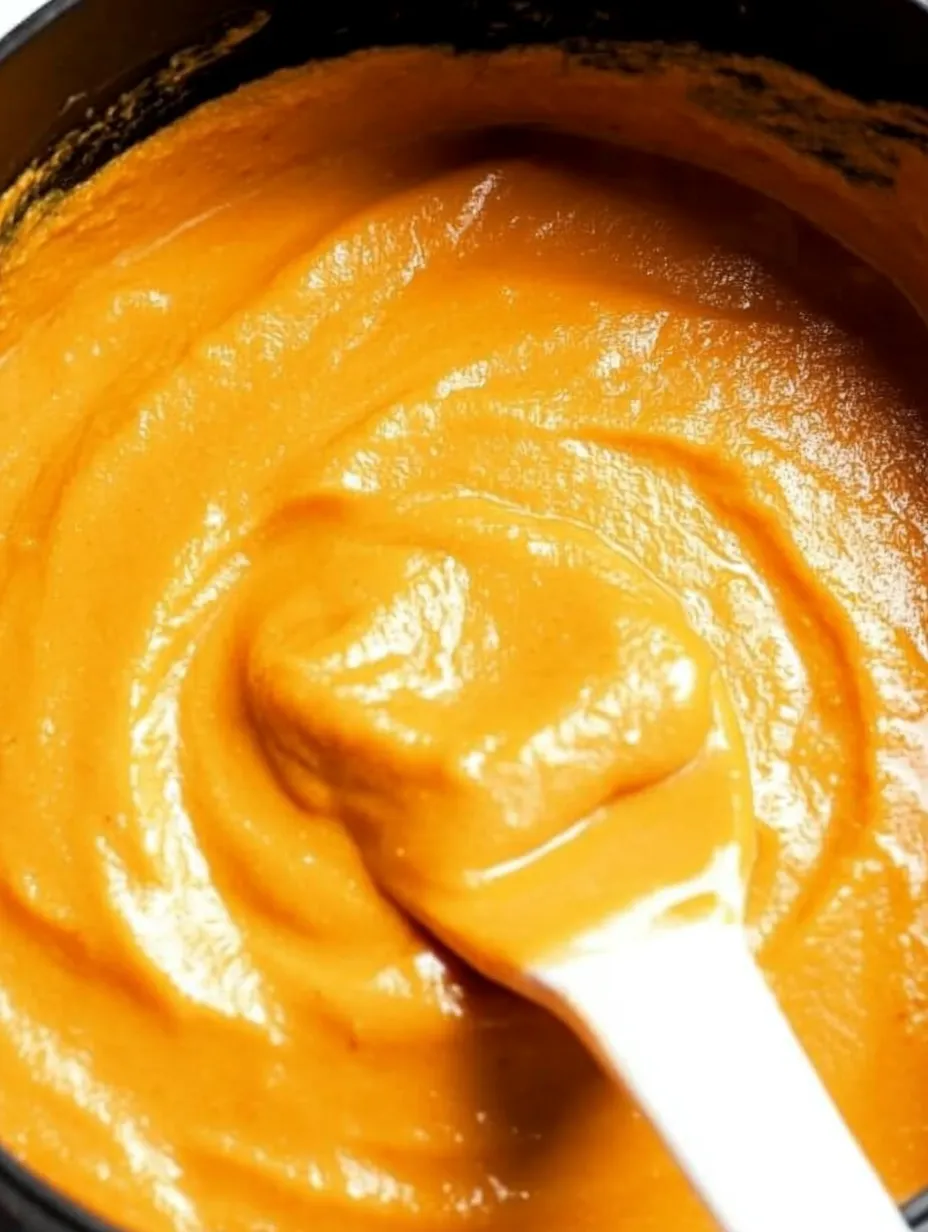 A spoon is in a bowl of orange sauce.