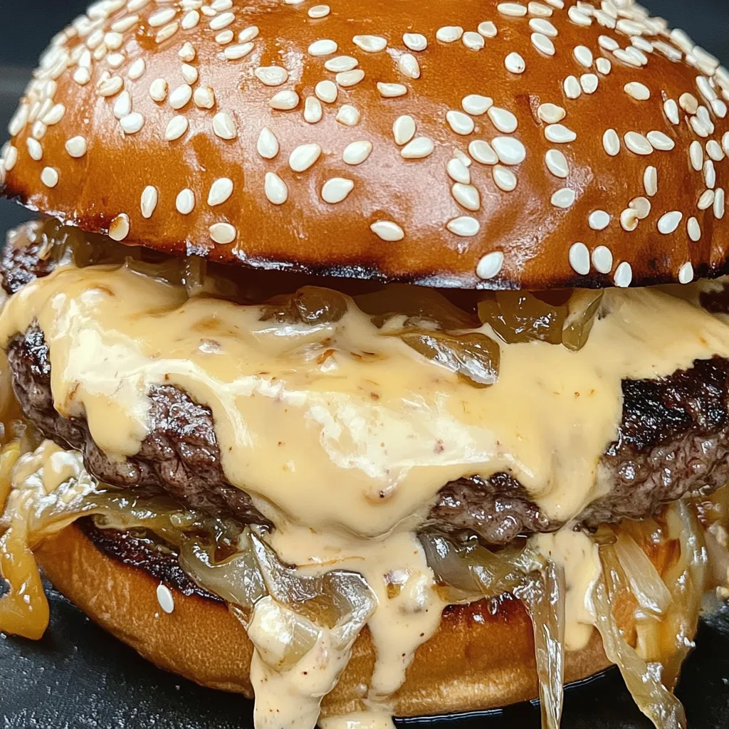 A close up of a burger with cheese and onions.