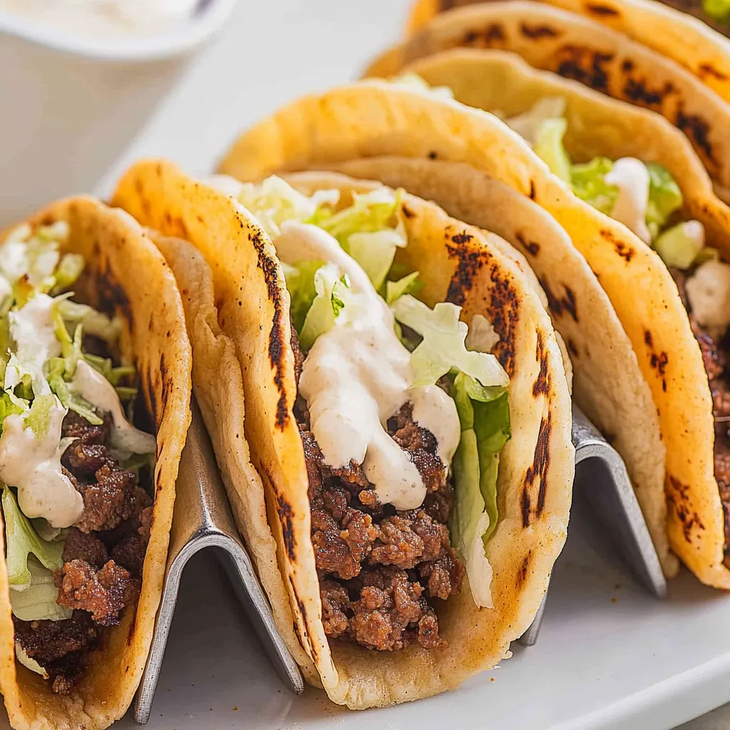 A plate of tacos with white sauce.