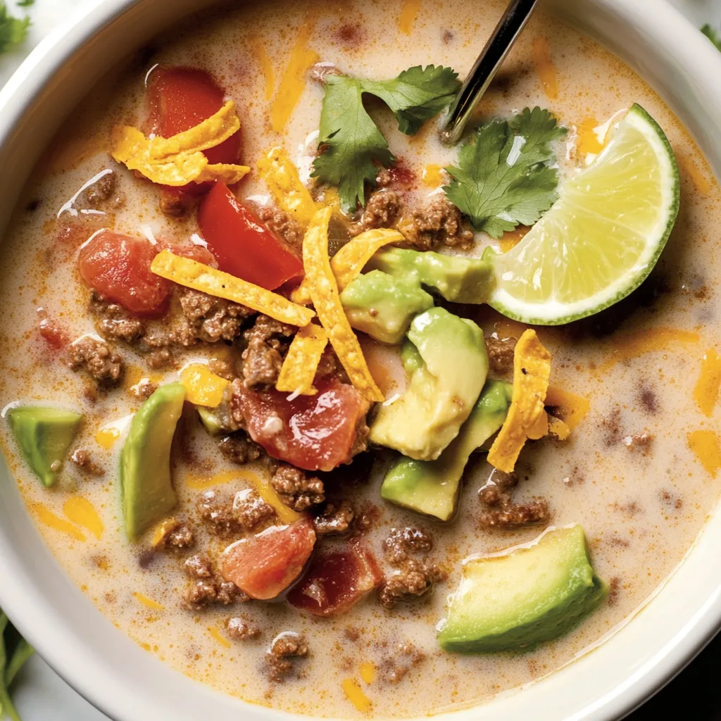 A bowl of soup with meat, tomatoes, avocado, and lime.