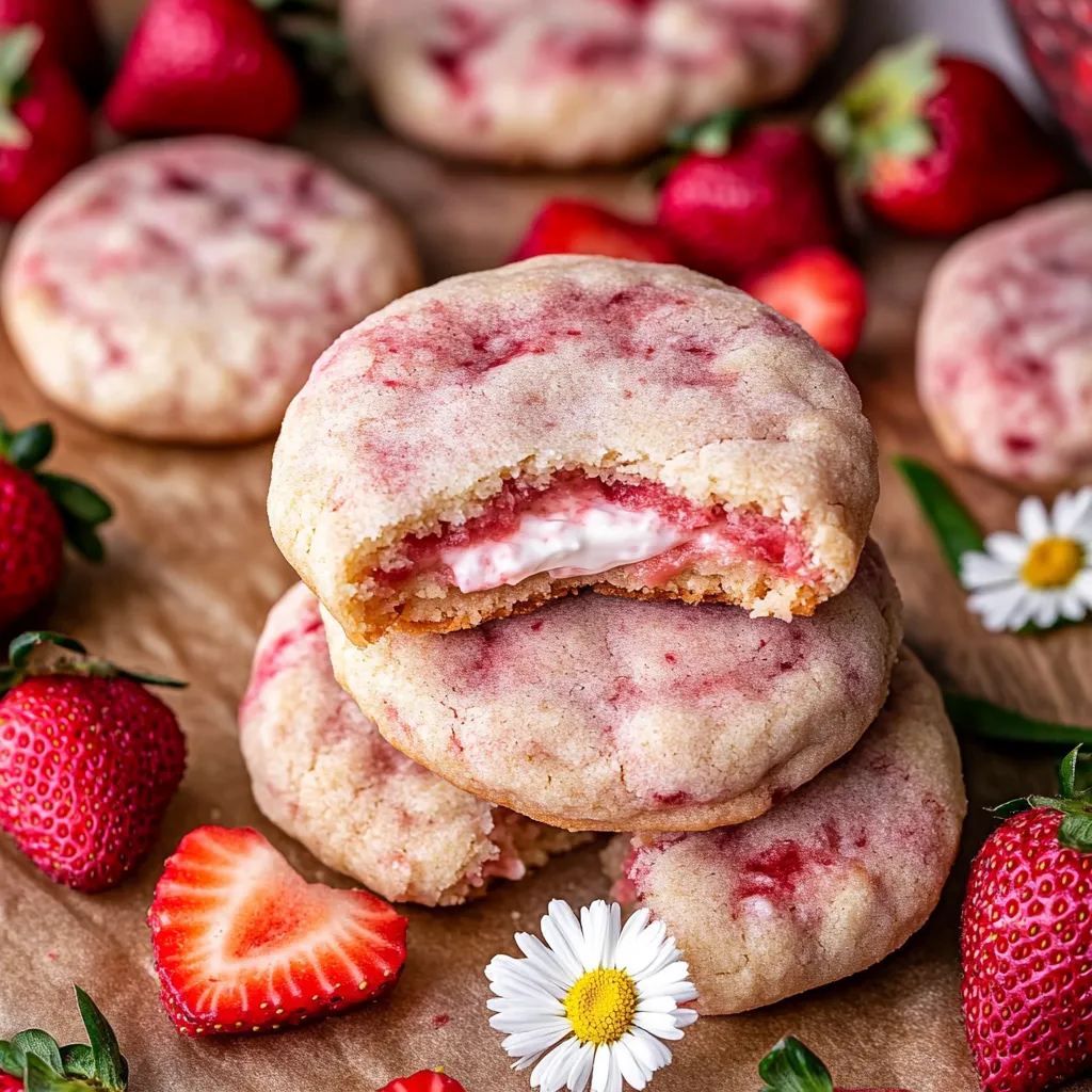 A cookie with white frosting and red strawberries.