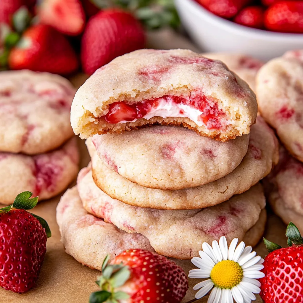 A stack of cookies with strawberries on top.