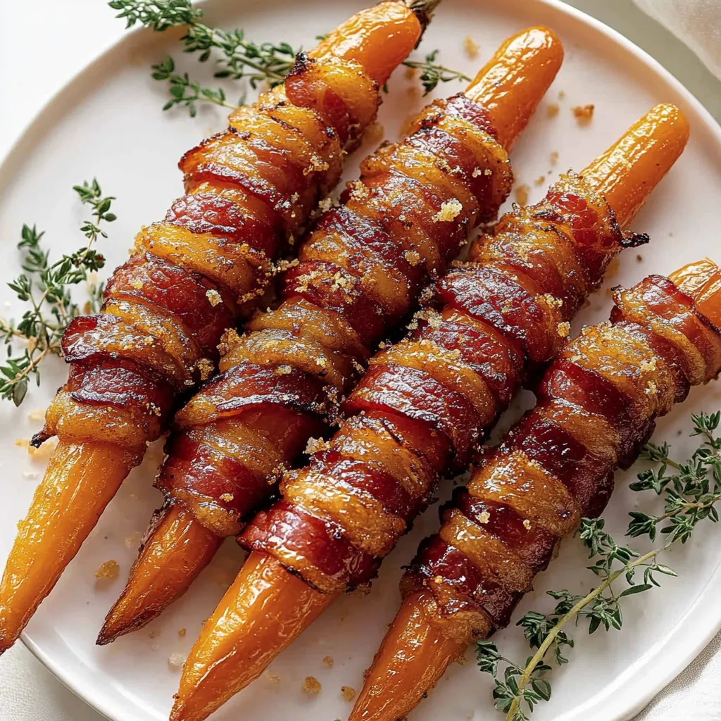 Three bacon wrapped carrots on a plate.