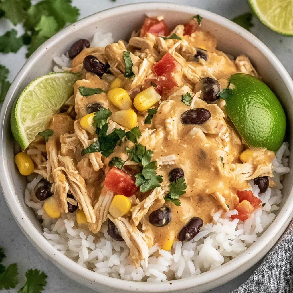 A bowl of rice with chicken and vegetables.