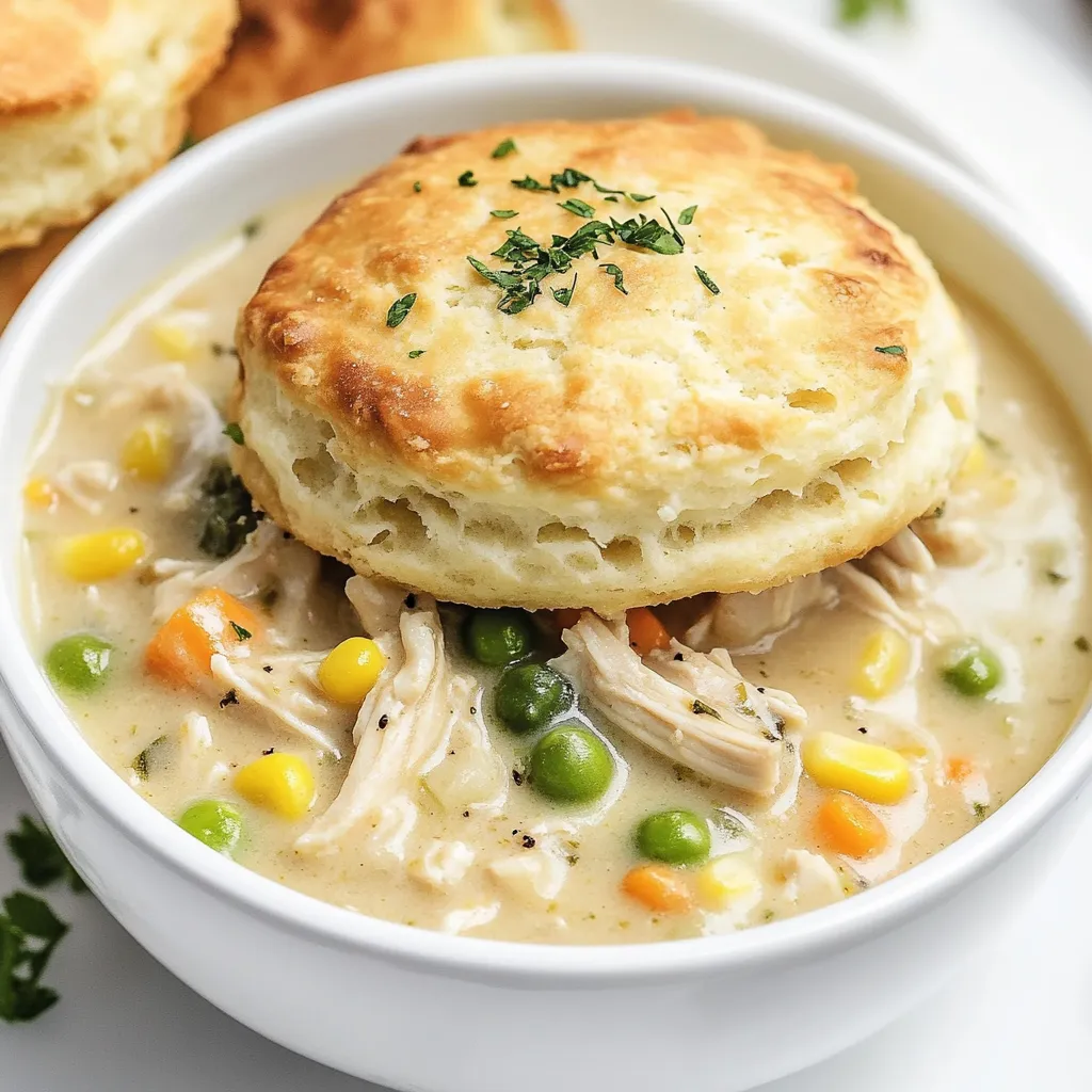 A bowl of soup with a biscuit on top.