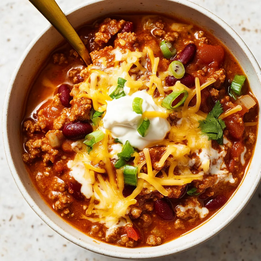 A bowl of chili with a spoon in it.