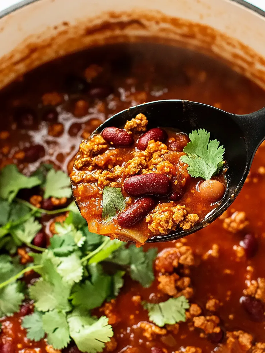 A spoon is in a bowl of chili.