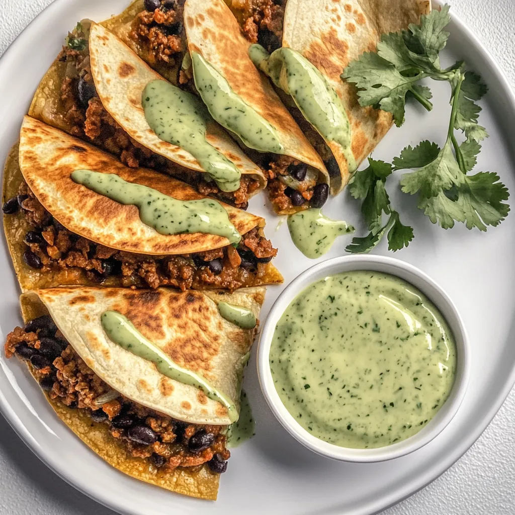 A white plate with two tacos and a bowl of sour cream.