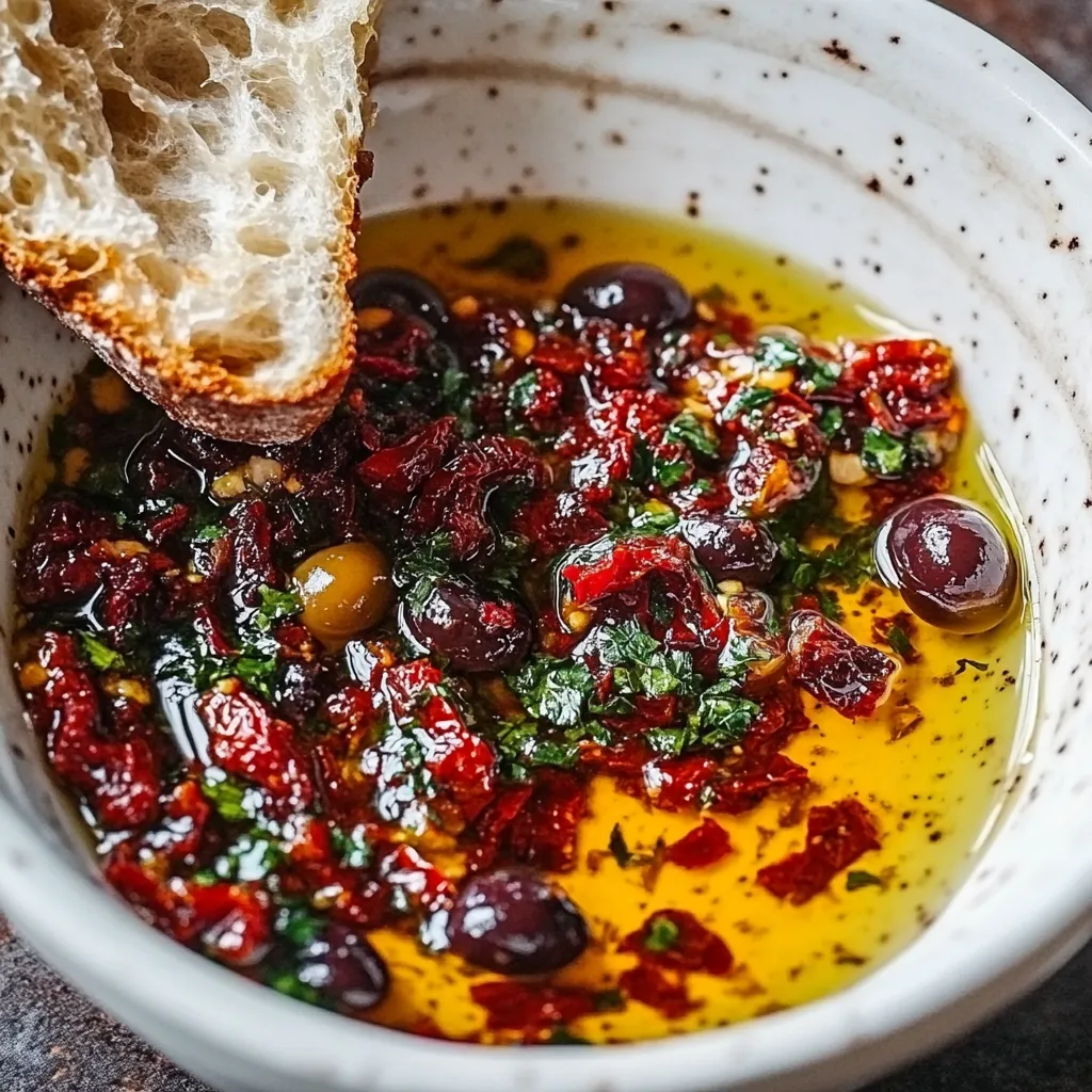 A bowl of food with a slice of bread and olives.