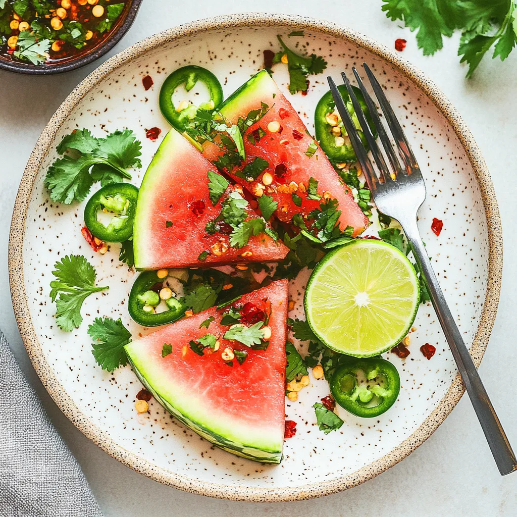 A slice of watermelon with jalapenos and lime.