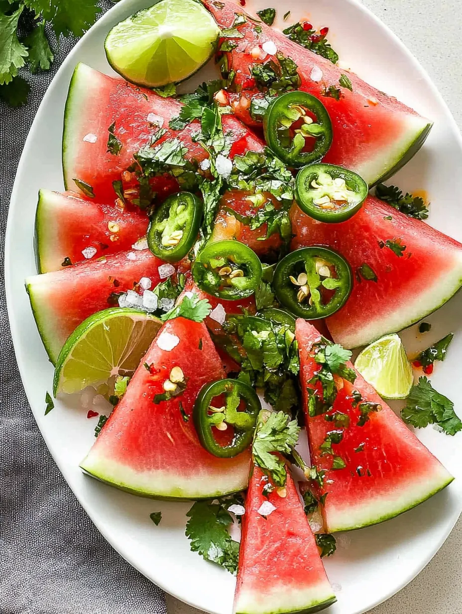 A plate of watermelon slices with jalapenos on top.