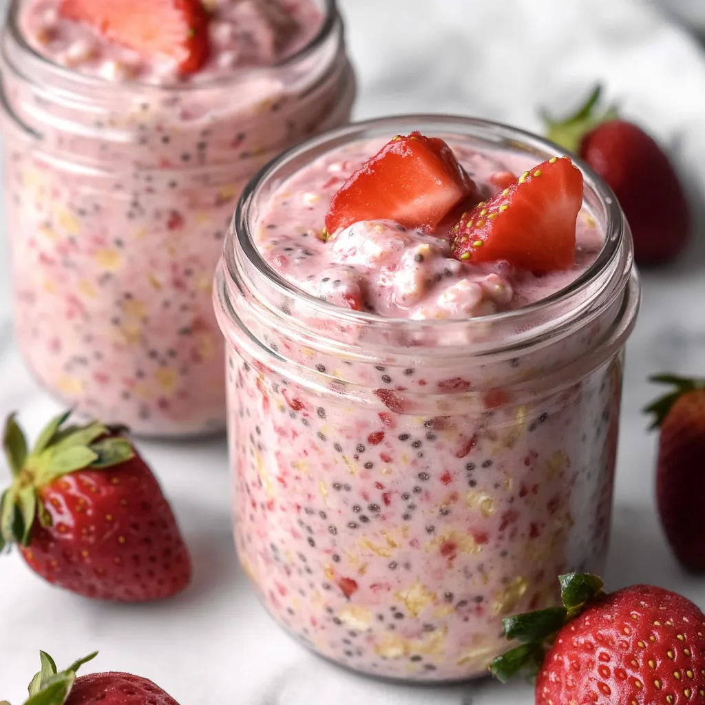 A jar of yogurt with strawberries on top.