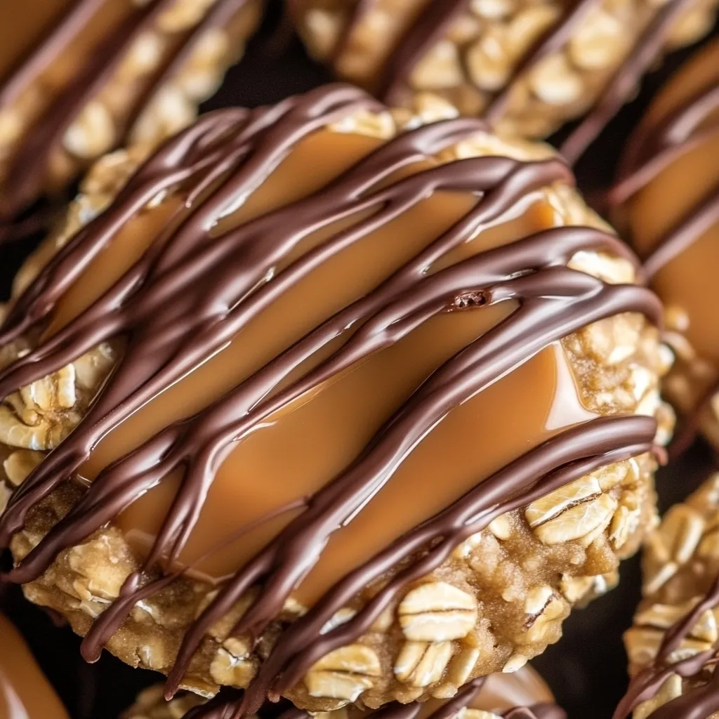 A chocolate and peanut butter cookie with a caramel drizzle.